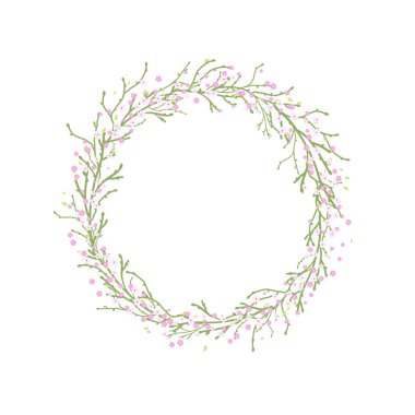 Yeşil dallar ve pembe çiçekler ile yuvarlak çelenk.