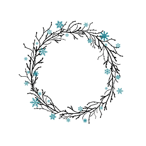 Венок из черных ветвей и веток с голубыми снежинками. Новогодние открытки с гирляндой . — стоковый вектор