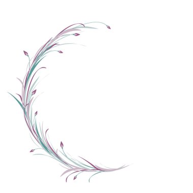 Mor ve mavi çim, dal ve eflatun çiçekler üzerinde beyaz izole çelenk yuvarlak