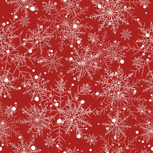 Winter seamless pattern with flat white snowflakes and dots on red background.