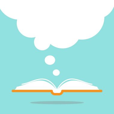 Turuncu kitap kapağı ve dışarı uçan büyük beyaz konuşma balonu ile açık kitap.
