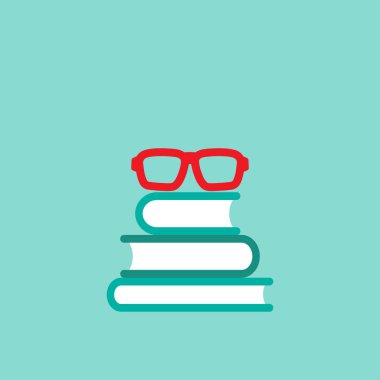 kırmızı gözlük ile turkuaz kitap yığını. Üzerinde toz mavi arka plan izole.