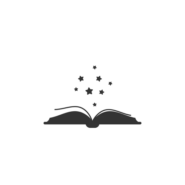 Livro aberto com capa de livro grossa e estrelas suaves pretas voando para fora . — Vetor de Stock