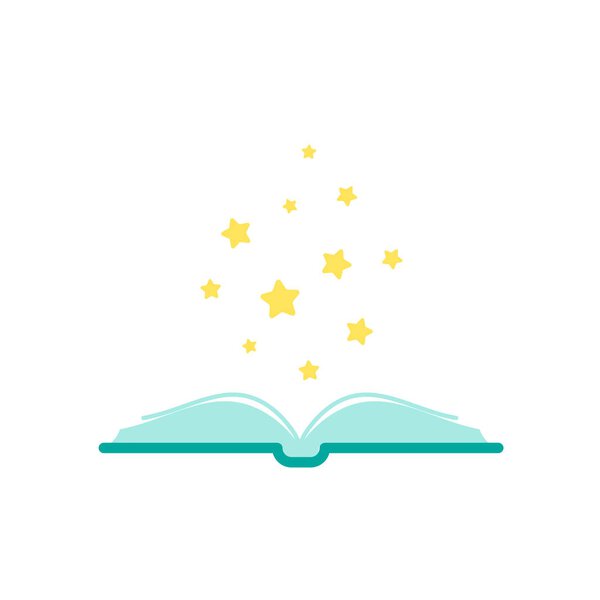 Открытая книга синий с золотыми звездами, вылетает. Изолированные на белом фоне.