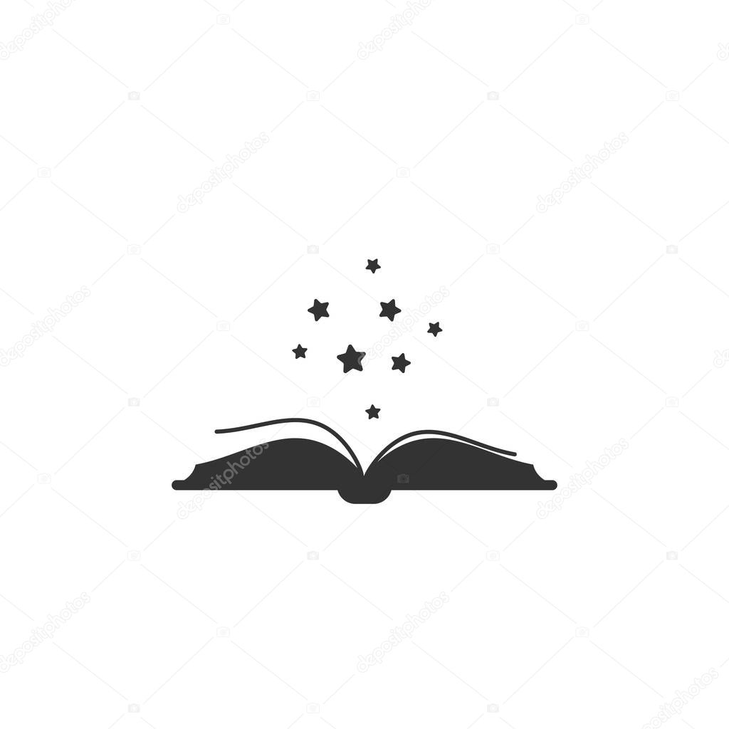Open book with thick book cover and black soft stars flying out.