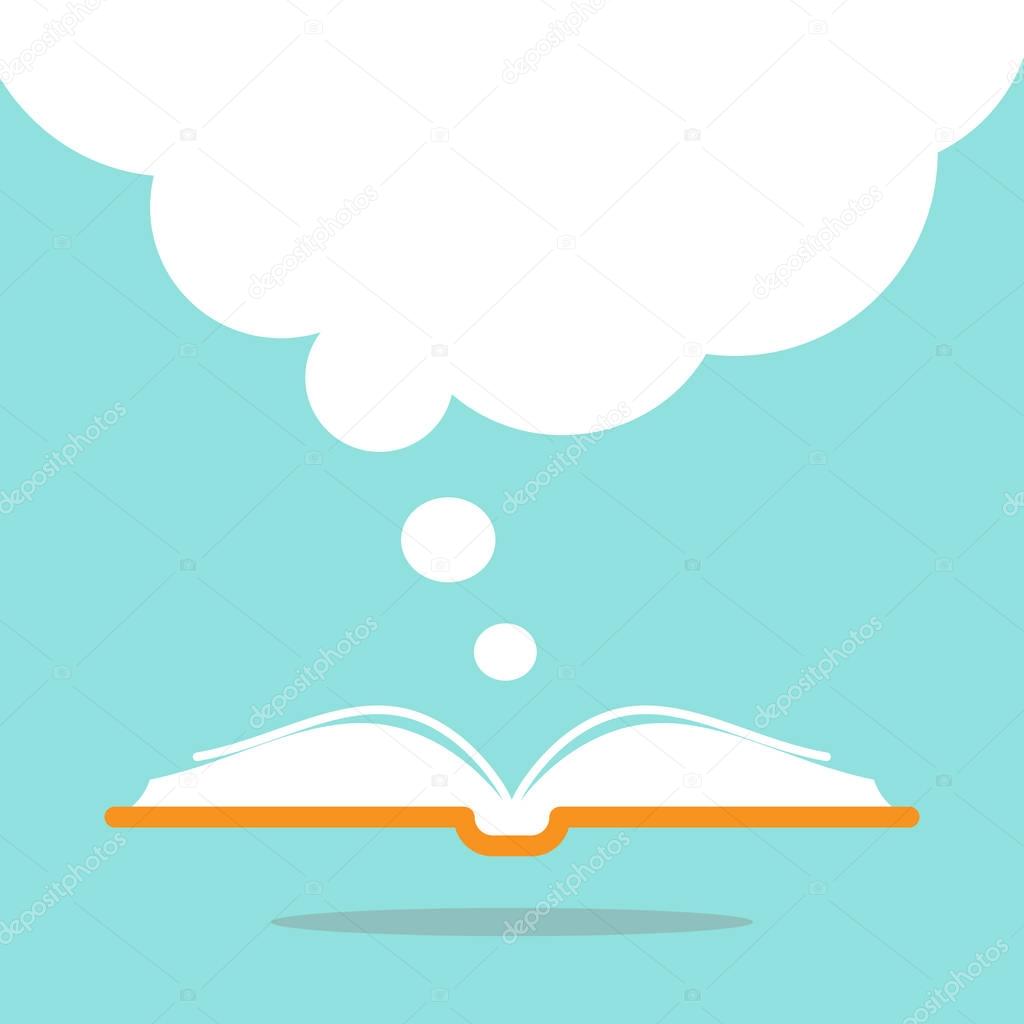 Open book with orange book cover and big white speech bubble flying out.