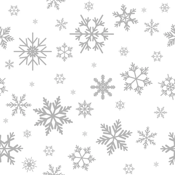 Patrón sin costuras de invierno con copos de nieve grises plateados planos sobre fondo blanco . — Vector de stock