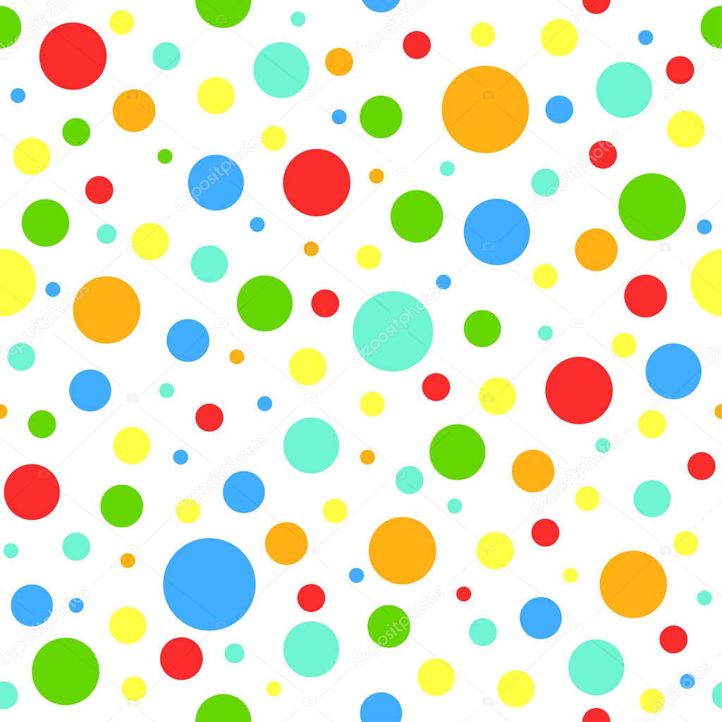 Seamless abstract pattern with bright little and big circles with outline on white background.
