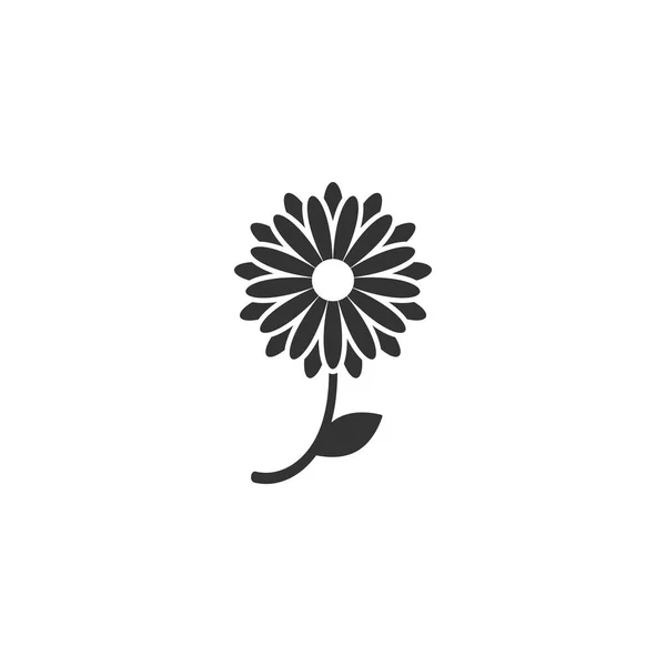 Schwarze flache Ikone der Chrysanthemenblume mit gebogenem Zweig und Blatt. große Blüte mit großen ovalen Blütenblättern und weißem Kern. — Stockvektor