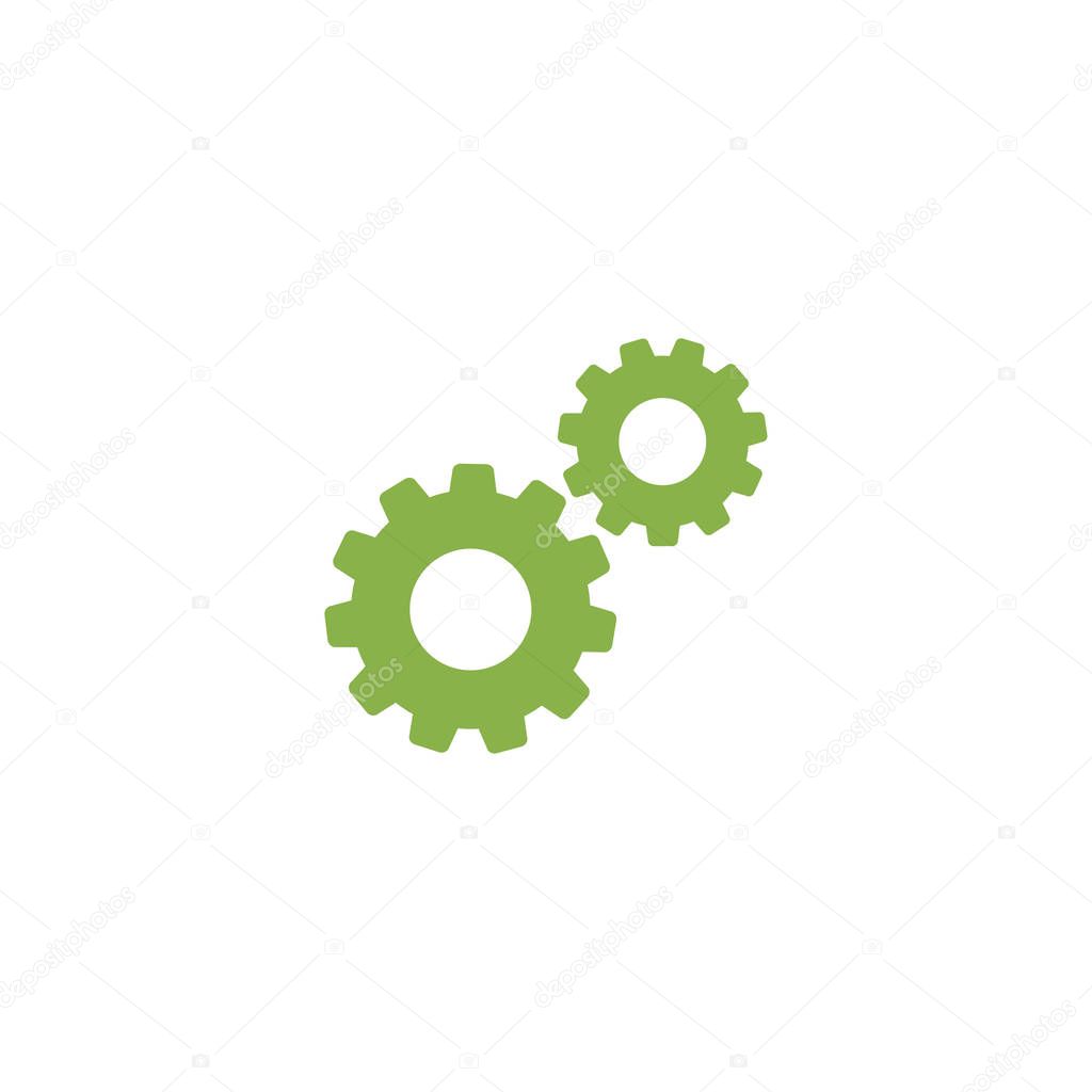 Gears icon isolated on white. Combination of two green pinions.