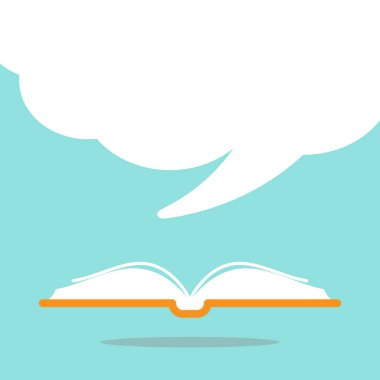 Turuncu kitap kapağı ve dışarı uçan büyük beyaz konuşma balonu ile açık kitap.