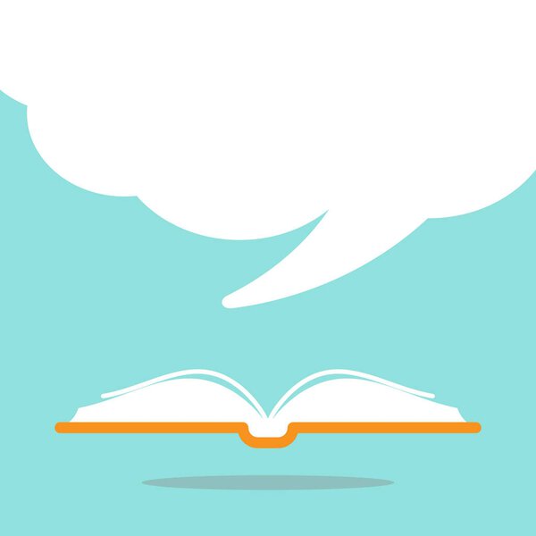 Открытая книга с оранжевой обложки и большой белый речи пузырь вылетает.