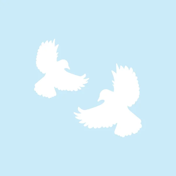 Dos palomas voladoras blancas aisladas sobre fondo azul. Aves en el cielo. Ilustración vectorial . — Vector de stock