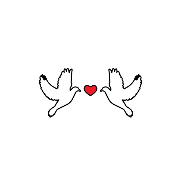 Dois contornos pomba com coração vermelho no fundo branco. Ilustração vetorial de São Valentim . — Vetor de Stock