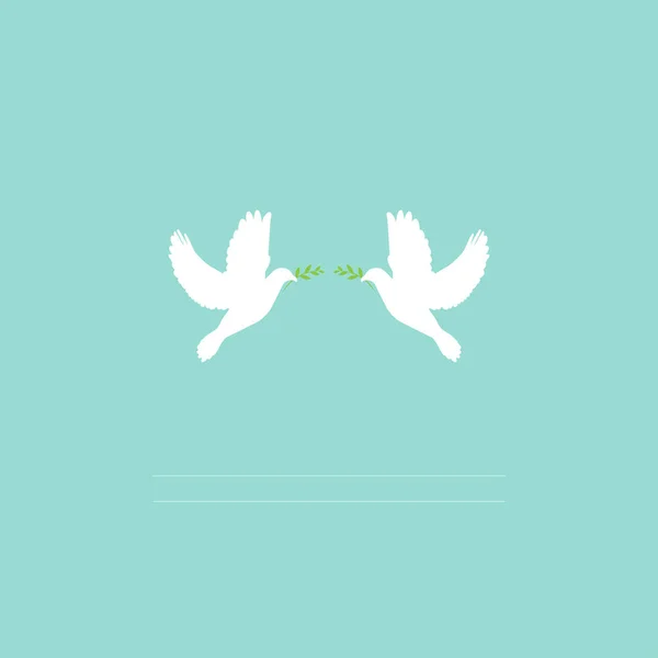Dos palomas blancas con ramita verde oliva sobre fondo turquesa claro con líneas para texto. Ilustración vector de paz . — Archivo Imágenes Vectoriales