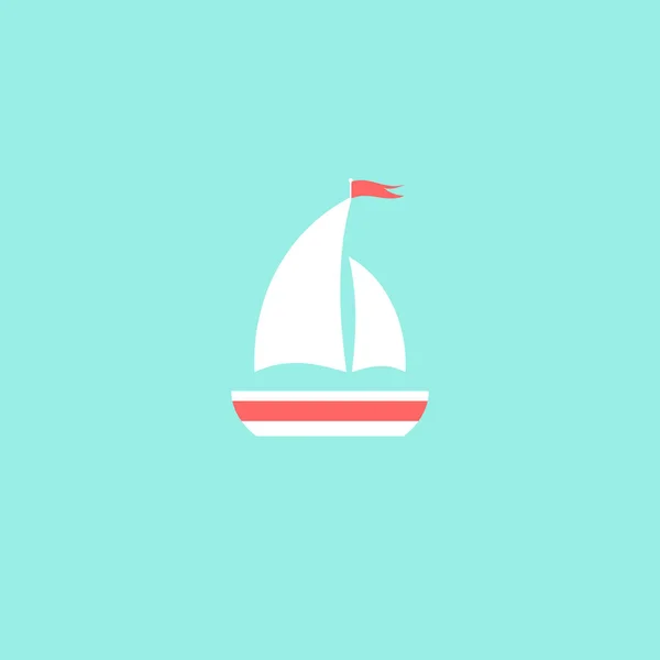 Plochá bílá loď s dvěma plachty a mává červenou vlaječkou na vrcholu. Izolované na světle modrém pozadí. — Stockový vektor