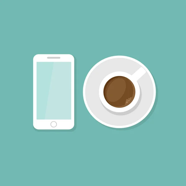 Fincan kahve ve mavi arka plan üstünde smartphone. Kahve molası vektör düz çizim. okumak, yazmak, işareti öğretmek. — Stok Vektör