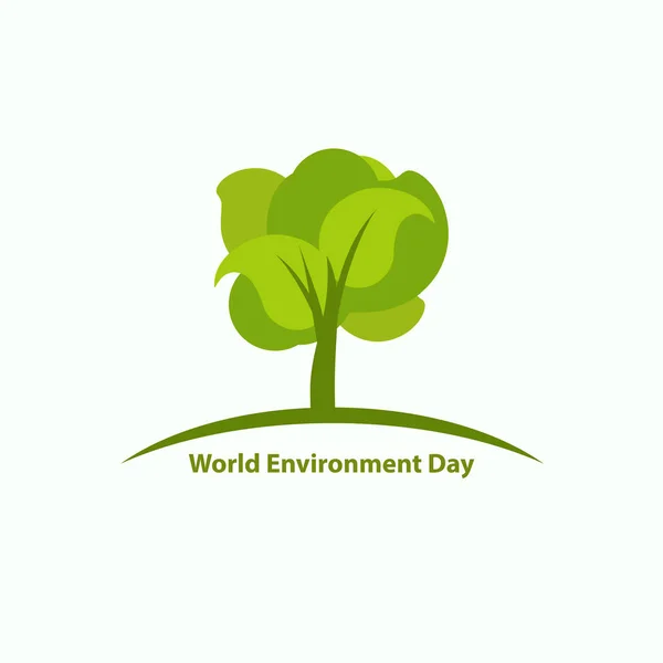 Logo giornata mondiale dell'ambiente. Albero dei cartoni animati piatto verde su linea curva con testo isolato su bianco. Vettore — Vettoriale Stock