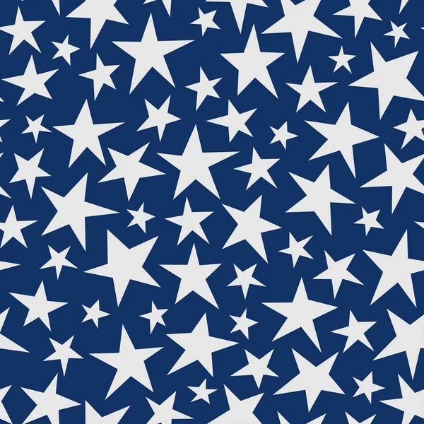 Patrón abstracto sin costuras con grandes estrellas blancas dibujadas a mano sobre fondo azul oscuro. vector de mala calidad — Vector de stock