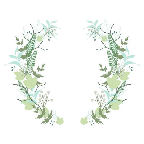 Floral round wreath, herb crown. With twigs, sprigs, branches, berries and blades of grass. Boho style with Stock Vector