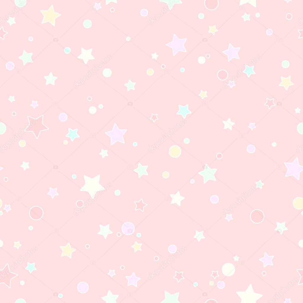 Seamless cute pattern with little rounded stars and circles of different colors with outline. Powder pink
