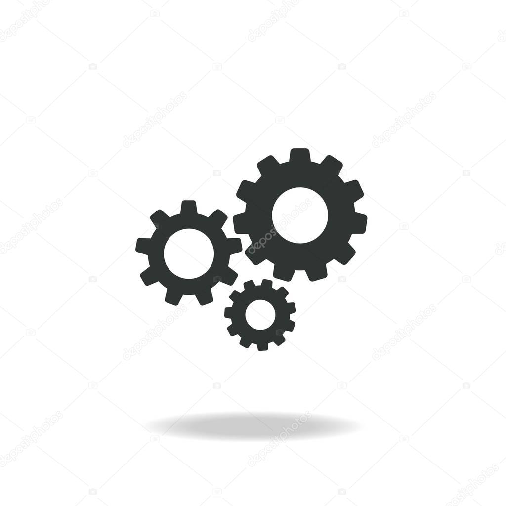 Gears icon isolated on white background. Combination of pinions with shadow. Vector flat illustration for technology or innovation.