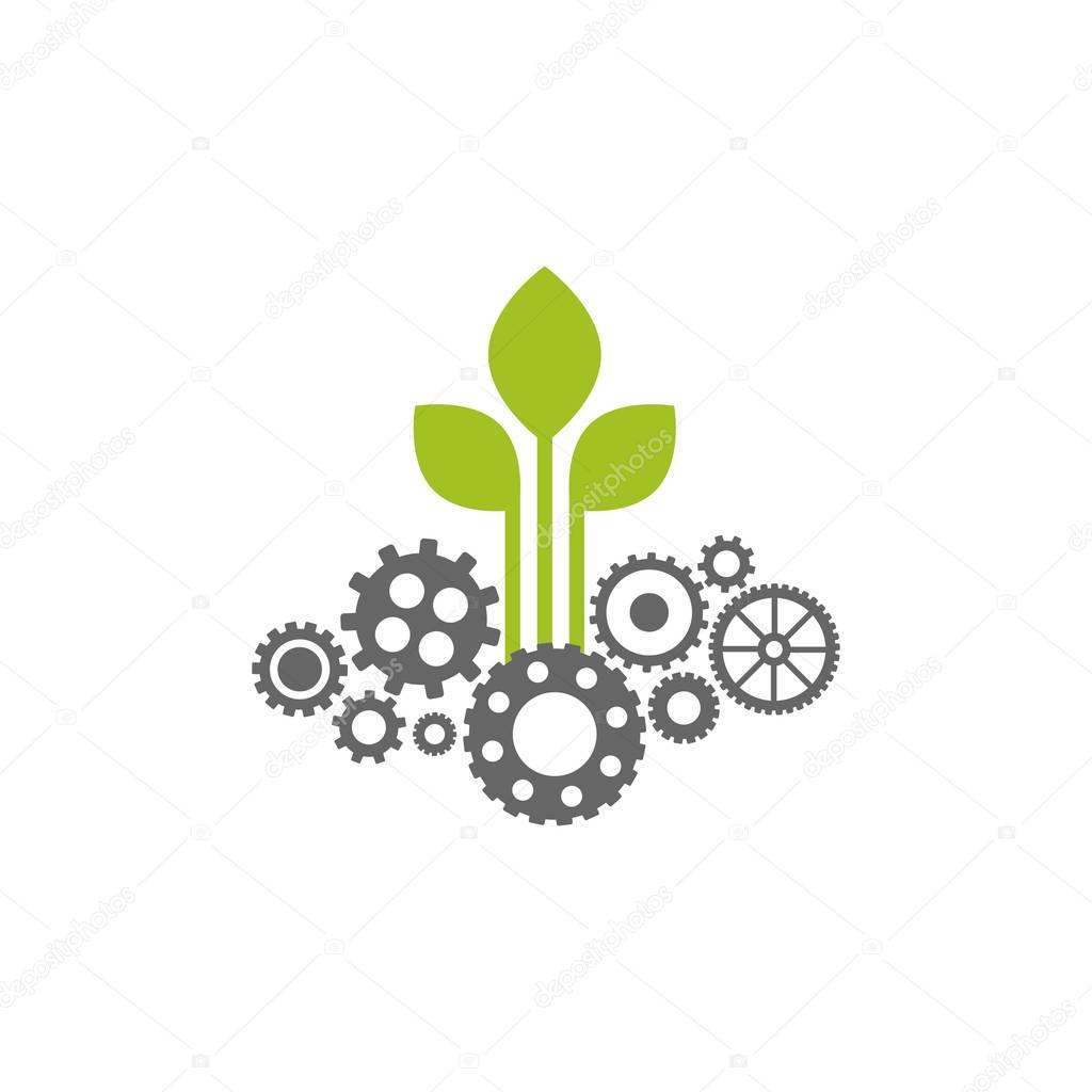 Mechanical gear and three green leaves. Isolated on white background. Eco friendly technology icon. World Environment day label. Bio technology. Vector illustration.