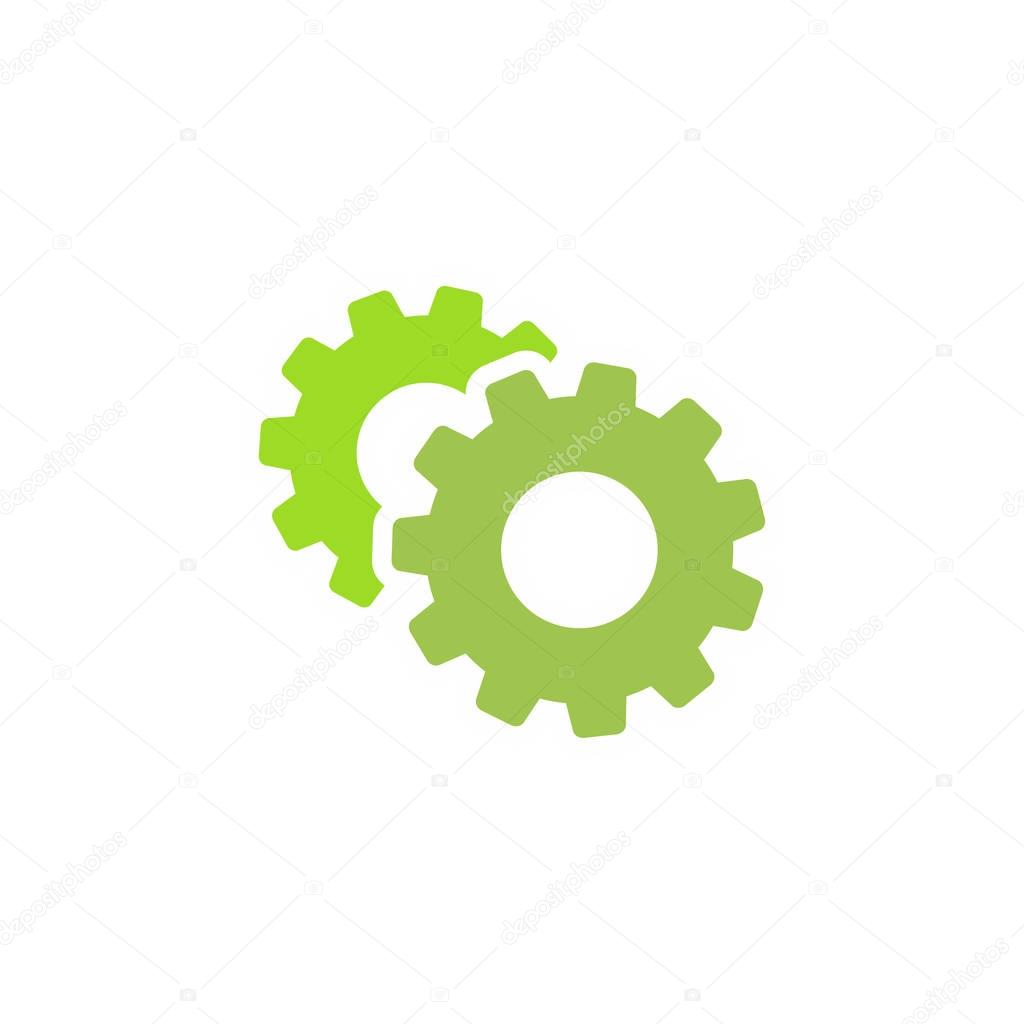 Gears icon isolated on white. Combination of two green pinions one behind other. Vector flat illustration