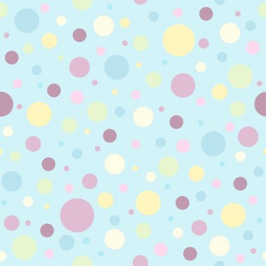 Daireler ve noktalar toz mavi arka plan üzerinde sorunsuz soyut desen. Kaleydoskop arka plan. Dekoratif duvar kağıdı, baskı ve mutlu doğum günü kartları için iyi. Vektör çizim.