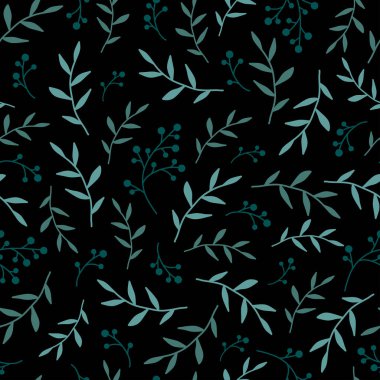 Mavi çiçek Dikişsiz desen doku dal çilek ve bırakır. siyah arka plan. Çalı çırpı ile vektör çizim. Mükemmel çiçek süsleme kumaş ya da kağıt üzerine basım için.