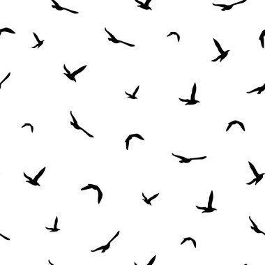 Dikişsiz soyut desen siyah beyaz arka plan üzerinde uçan kuşlar.