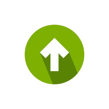 Gölge yeşil daire simgesi ile yukarı beyaz ok. Beyaz izole. Simge yüklemek. Yükseltme işareti.