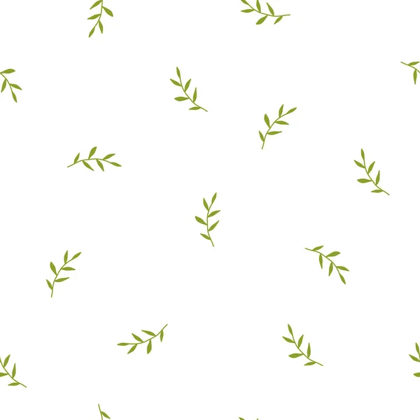 Naadloze patroon met kleine heldere groene bladen van gras. De shabby takjes hand getrokken met scherpe folders. — Stockvector