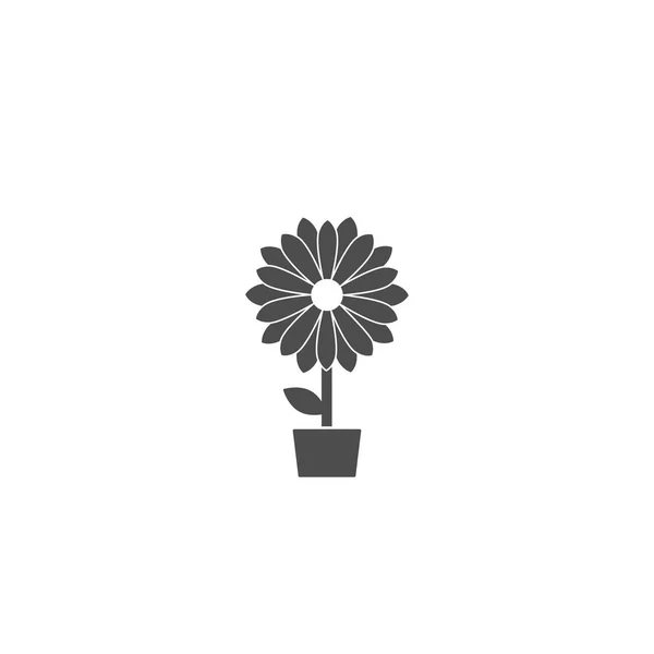 Schwarze flache Ikone der Chrysanthemenblume im Topf. große Blüte mit großen scharfen Blütenblättern und weißem Kern. — Stockvektor