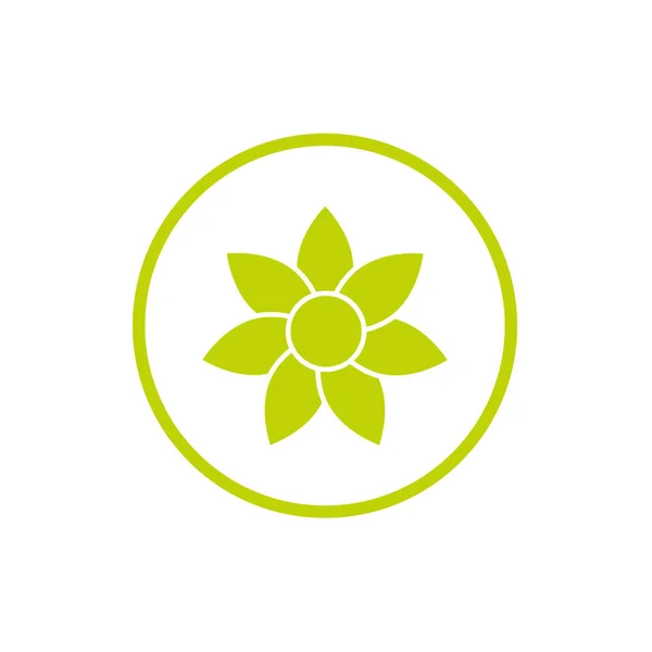Grüne flache Ikone der Sonnenblume im grünen Kreis. Blüte mit langen Diamantblättern und rundem Kern. — Stockvektor