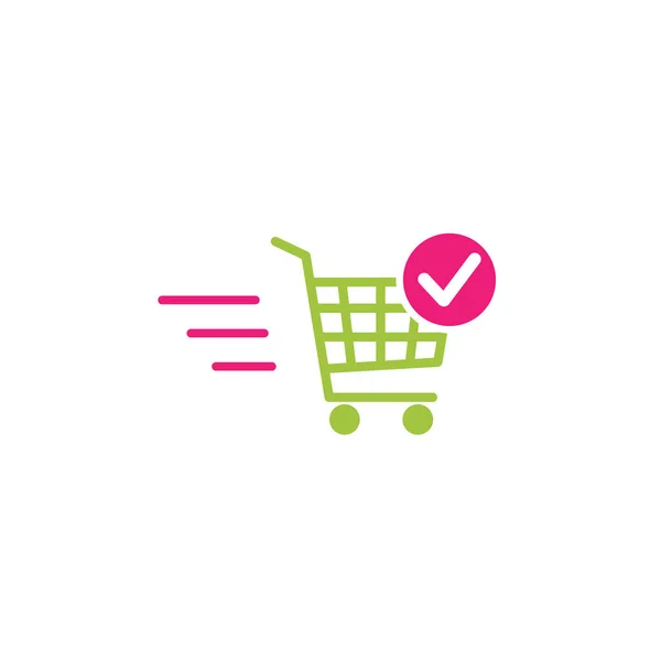 Schnelle Lieferung Warenkorb mit rosa Häkchen Zeichen Taste. einfaches Symbol isoliert auf weißem Hintergrund. — Stockvektor