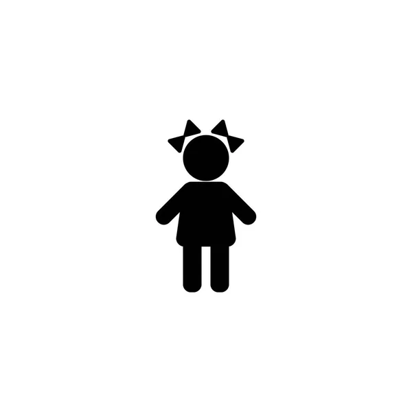 Чорний силует маленької дівчинки з луками. Дитяча проста ікона. Ізольовані на білому. Знак дошкільника. Жіноча дитина — стоковий вектор