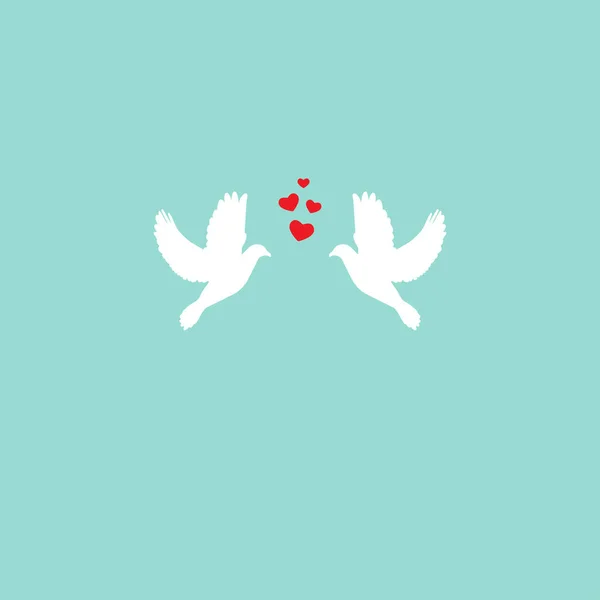 Twee witte duif met rode harten op lichte turquoise achtergrond. Saint Valentine vectorillustratie. — Stockvector