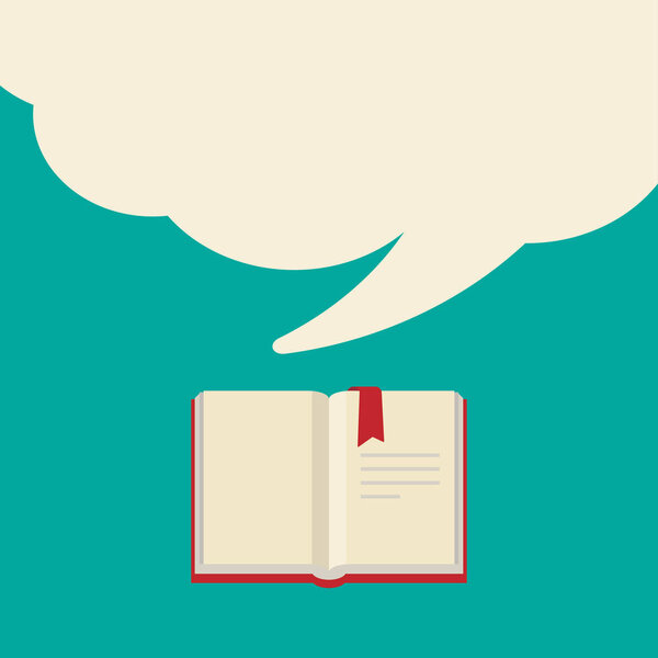 Открытая книга с красной обложкой и закладкой с большим речевым пузырем. Изолированный на бирюзовом
