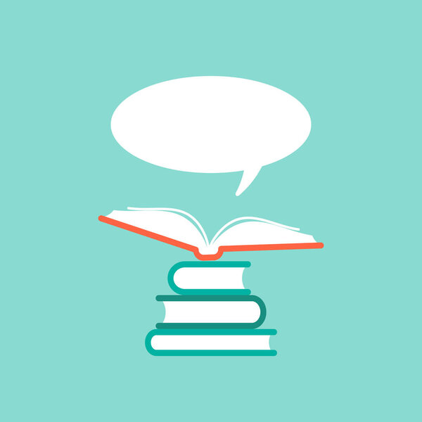 stack of books and open book with orange cover and speech bubble flying out.