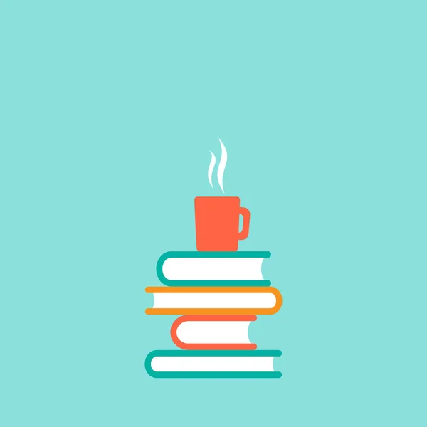 Stapel von bunte Bücher mit heißen Tasse Kaffee oder Tee. Auf powder blue Hintergrund isoliert. Flach-Symbol. — Stockvektor