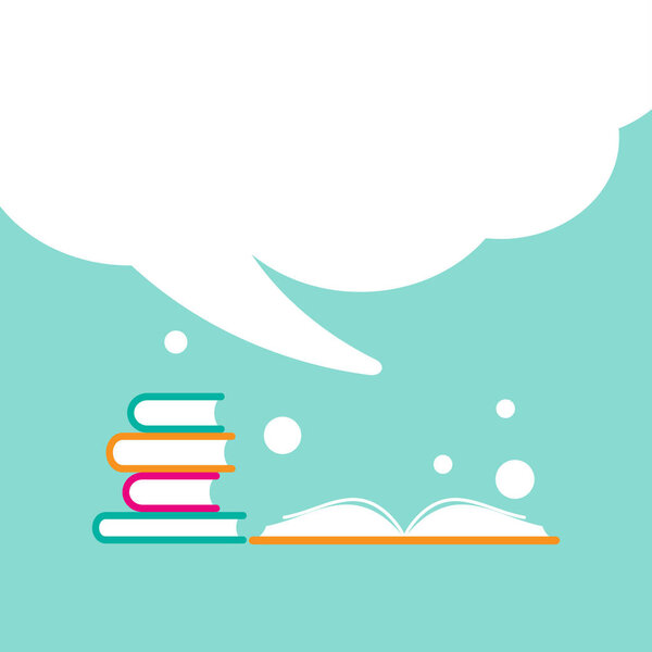 Стопка книг и открытая книга с оранжевой крышкой и большой речи пузырь вылетает.