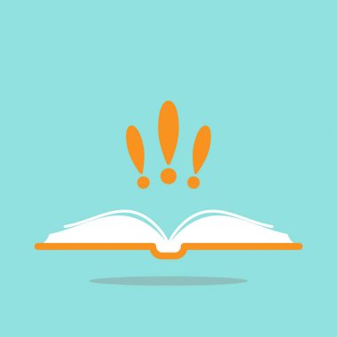 kalın turuncu kapak kitap ve üç ünlem işareti açıldı. Mavi izole. Düz okuma simgesi.