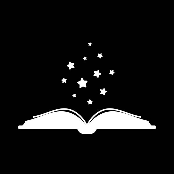 Белый открытая книга с белыми звездами, вылетает. Изолированные на черном фоне. Плоский значок. Векторные иллюстрации.