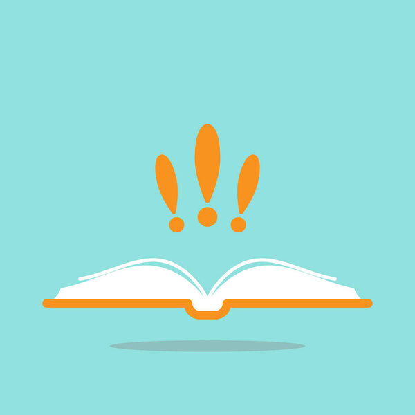 thick opened book with orange cover and three exclamation marks. Isolated on blue. Flat reading icon.