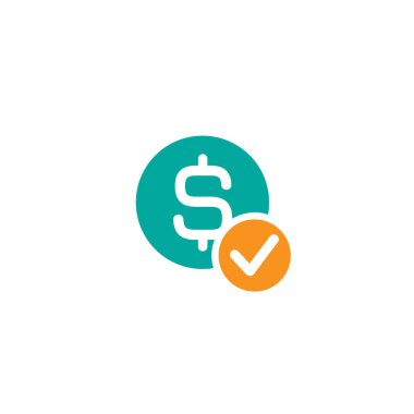 Dolar işareti ve kene ile turuncu daire mavi daire. Düz simgesi. Beyaz izole. İşareti ödemek. Düğme kabul.