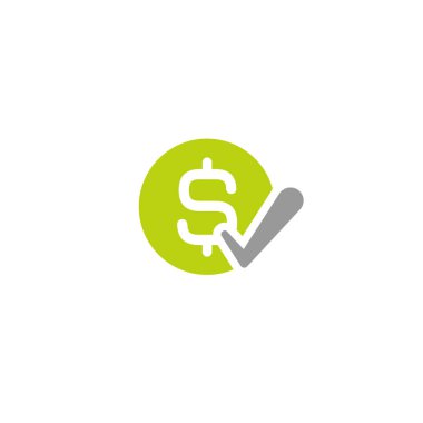 Dolar işareti ve gri ok onay olan yeşil daire. Düz simgesi. Beyaz izole. İşareti ödemek. Düğme kabul. Onay kutusu.