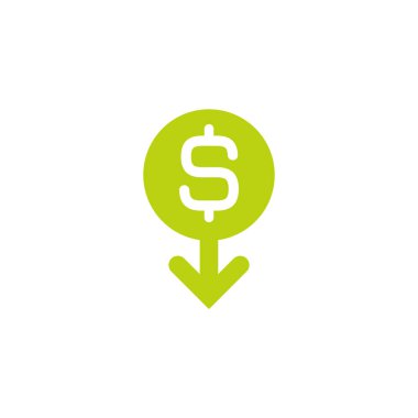 vektör simge USD. Aşağı ok ile yeşil daire içinde beyaz dolar işareti. Düz simgesi. Beyaz izole.