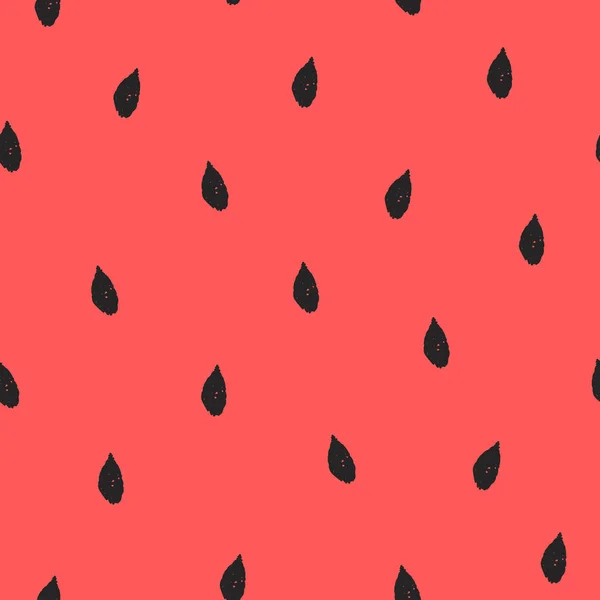 Naadloze watermeloen patroon met rood vlees en zwarte shabby hand getrokken zaden. Mooie heldere Vector — Stockvector