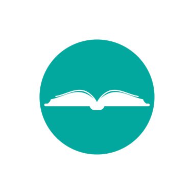 Beyaz arka plan üzerinde izole mavi daire içinde beyaz açık kitap. Bilgi düz simgesi. Vektör çizim.